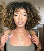 Highlight Short Curly Wig With Bangs Human Hair Afro Kinky Curly Wig bob Glueless Full Machine Made Wig 150 Density Remy Brazilian 14inch