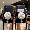 White Flower Cell Phone Cases For Iphone14 13 12 Pro Max Women's Apple Mobile Phone Back Protective Cover Pu Leather Camellia Card Pocket Crossbody Wallet With Strap