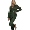 Costume Chic pour femme, pantalon, vert foncé, rayé, manches longues, bureau, Streetwear, vêtements de sport, ensemble deux pièces