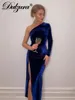 Casual Dresses Dulzura Solid Long Sleeve One Shoulder Ruched Slit Velvet Midi Dress Bodycon Sexy Party Club Elegant Evening Christmas 2023