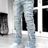 Men's Jeans Regular Fit Stacked Patch Distressed Destroyed Straight Denim Pants Streetwear Clothes Casual Jean 227