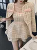 Two Piece Dress High Quality Small Fragrance Tweed Two Piece Set Women Short Jacket Coat Sexy Dress Set Korean Fashion Sweet 2 Piece Suits 230422