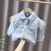 Jacken Frühling Herbst Mode Mädchen Denim Jacke Falbala Volle Hülse Cartoon Katze Stickerei Casual Kleinkind Mädchen Spitze Bogen Jean Tops Outwear 231122