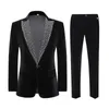 Men's Suits Men's Black Velvet Suit Wedding Banquet Evening Party Host Tuxedo Rhinestones Lapel Collar Blazer Pants 2 Piece Set