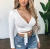 Kvinnor Tshirt Autumn Casual Crop Tops Women Basic Tshirts Långärmad Deep V Neck Slim Fit Bandage Pullovers Sexig Club Streetwear Tee Tops 230421