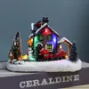 Juldekorationer Jul Small Train Village Snow House Luminous Harts Ornament Color LED Light Music Landscape Tabletop Decor Gifts 231121