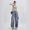 Dżinsowe dżinsy kobiety z klamrą wstążkową jeansową dżinsową spodni talii Y2K Pants Harajuku Casual Bf chłopak luźne proste workowate dżinsy plus size