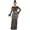 Casual Dresses Sparkly Rhinestone Sheer Mesh Sexy Dress Women Leather Partchwork Long Sleeve Party Club See Through Maxi Bodycon