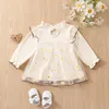 Girl Dresses Kids Girls Fall Casual Long Sleeve Dress Crew Neck Flower Print Tulle Patchwork A-line