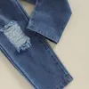 Conjuntos de roupas moda criança menina conjunto voando manga em torno do pescoço longo moletom e jeans rasgados roupas 2 peças ternos