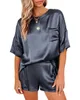 Women's Two Piece Pants Designer satin silk and short sleeved women's wear top loose with a row of buttons casual high waist