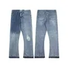 Мужские дизайнерские джинсы Высококачественные струйные граффити с микро-рогом Роскошная джинсовая галерея Спортивные штаны Потертые рваные черные синие фиолетовые 12gbhv