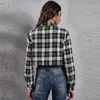 Women's Blouses Plaid Pocket Long Sleeve Short Shirt Blouse Women's Crop Top Cardigan Checked Thin Jacket Coat Outerwear Women