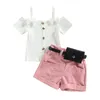 의류 세트 어린이 유아 아기 여자 반바지 세트 롤 밑단과 허리 가방 여름 가방 캐주얼 복장 9m-4t가있는 짧은 소매 티셔츠