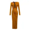 Casual Dresses 2023 Spring Y2K Sexy Dress Woman Orange Cut Out Hollow Long Sleeve Pleated Skinny Split Robe Femme Party Street Vestidos