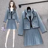 Vestido de duas peças caia pequena fragrância vintage set women croft top short blazer jacket jacket mini saias plissadas conjuntos de 2 ternos