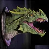 Decorative Objects Figurines Dragon Legends Prop 3D Wall Mounted Smoked Led Head With Decor Statue Dinosaur Hanging Light Art Scpture Dhq1P