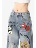 Women's Jeans high waist graffiti jeans women high street cartoon print pattern Y2K loose straight casual jeans for men and women 231122