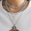 Pendant Necklaces Vintage Cross Portrait Carved Necklace Women 2023 Multi Layered Metal Beads Hip Hop Thick Chain Girls Fashion Jewelry