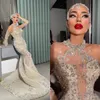Sparkling Halter Mermaid Prom Full Sleeve Crystal Party Dresses Court Train Custom Made aftonklänning