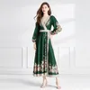 Paisley Floral Green Party Linen Wrap 드레스 여성 디자이너 랜턴 슬리브 V- 넥 슬림 빈티지 보우 벨트 맥시 드레스 로브 2023 스프링 가을 활주로 휴가 방향 드레스