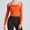 Camisas ativas femininas outono inverno sutiã de peito fixo yoga manga longa plissado esportes tophollow out ombro correndo roupas de fitness