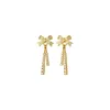 Dingle örhängen verklig. 925 Sterling Silver CZ Set Bowknot Rak Lucky Bar Piercing Ear-Bone Threader Tassel Long C-G9945