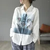 Kvinnors blusar 2023spring bomullslinne konst vintage indie folkskjortor kvinna blommor tryckt lös enstaka bruten vridning krage avslappnad