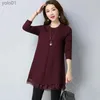 Women's Sweaters Fall/Winter 2023 Women's Lace Stitching Sweater Dress Solid Color Loose Long-Sled Tops Pullovers Long Fe Knit SweatersL231122