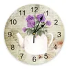 Wall Clocks Purple Flower Retro Plant Kettle Living Room Decoration Clock Art Silent Round Watch For Home Decor