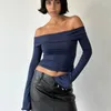 Damen T-Shirts Gaono Elegante Frauen Schulterfreie Crop Tops Langarm Slim Fit Tees Vintage Y2K Fairycore Rückenfreies Hemd Streetwear