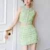 Women's Two Piece Pants Sweet Fashion Girl Green Set Luxury Women Doll Collar Diamonds Button Sleeveless Tassel Short Tops Mini Skirt Suits