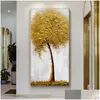 Картины Картины Абстрактная 3D картина маслом Золото Толстое искусство Холст ручной работы Картины с деревом удачи Настенные работы Украшение гостиной Dh1We