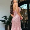 Pink Mermaid Prom Dresses ärmlös V Neck Axless Appliciques PESNICS Pärlad golvlängd 3D spetsblommor Ruffles aftonklänning Brudklänningar plus storlek skräddarsydd