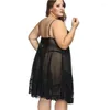 Mulheres sleepwear plus size sexy laço erótico oco-out noite vestido mulheres lingerie camisola pijama através de roupa interior preto 7xl