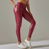 Active Pants Women Pockets Yoga Solid Color PU Fabric High Waist Gym Leggings Slim Fit Super Stretch Workout Tights Running Sportswear