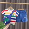 Kläduppsättningar Småbarn Baby Boys Girls Clothes Summer Cutoon Cartoon Dinosaur Fashion Children O-Neck T-Shirtshortsbag Kids Tracksuits 230422