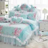 Bedding sets Princess Flower Print Set Cotton Blue Lace Duvet Cover Bedspread Bedsheet Ruffle Bedclothes Bed Skirt Home Textile 230422