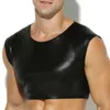 Men's Sexy Sleeveless PU Vest Corset Shiny Patent T-shirt Exotic Faux Leather Short Sleeve Club Stage Dancing Costume