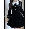 Sıradan Elbiseler Kış Siyah Herben Vintage Elbise Kadın Dantel Patchwork Y2K Kawaii Kadın Koreli Moda Tasarımcısı Tek Parça Mini 2023