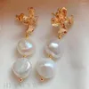 Kolczyki Dangle White Baroque Pearl Carring 18k Gold Flower Uch upusz