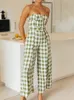 Tute da donna Pagliaccetti Cintura Foridol Stampa a quadretti Verde Tuta vintage Donna Gamba larga Pantaloni lunghi Senza maniche Cinghia per spaghetti Salopette estiva 230422