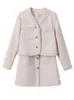 Abiti casual Donna Beige Tweed Elegante mini abito Girocollo Manica lunga Cappotto allentato Moda Marea Primavera Autunno 2023 H341