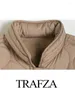 Women's Trench Coats TRAFZA Winter Fashion Woman Cotton Coat Pocket Drawstring Vintage Solid Color Long Sleeve Zipper Female Outerwear Top