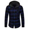 Men's Casual Shirts Mens Plaid Hooded Shirt Long Sleeve Button Down Fleece Hoodie