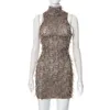 Lässige Kleider Sexy, figurbetontes Kleid mit Stehkragen, ärmellos, Mini-Palmdruck, Abendparty, Spaghettiträger, Damen, XB021