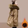 Women's Down Fashion Fur Collar Hooded Puffer Jacket Korean Mid-length Plus Cashmere Pie Overcoming Winter Coat Women Elegant