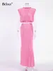 Zweiteiliges Kleid Bclout Elegant Pink Rock Sets 2 Stück Damen Outfits Frühling O-Ausschnitt Ärmellos Crop Tops Schwarz Elastische Taille Lange Röcke Anzüge 230422