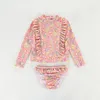 OnePieces bébé Split maillot de bain ensemble pour fille imprimé floral à volants à manches longues haut short 2 pièces costume printemps été enfants vêtements filles maillots de bain 230421