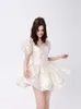 Elegant Fairy Lolita Summer Woman Puff Sleeves High Waist Slim Young Girls Mini Dress Kawaii Clothing Short Party Dresses